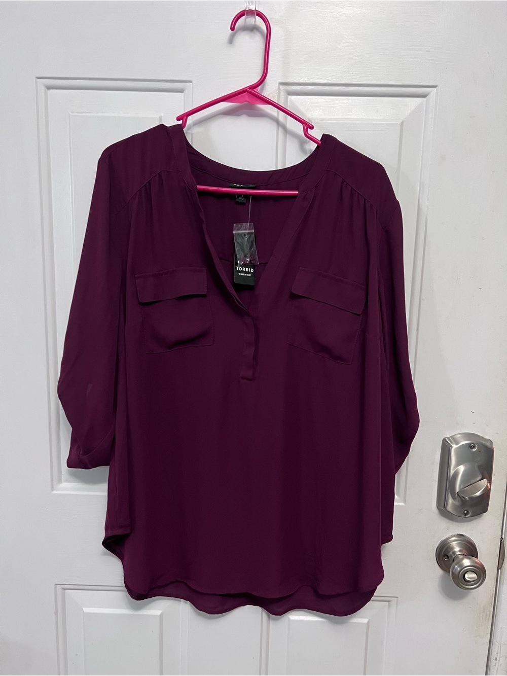 NWT Torrid Harper 1X Burgundy Plum 3/4 Sleeve Blouse Georgette Pockets